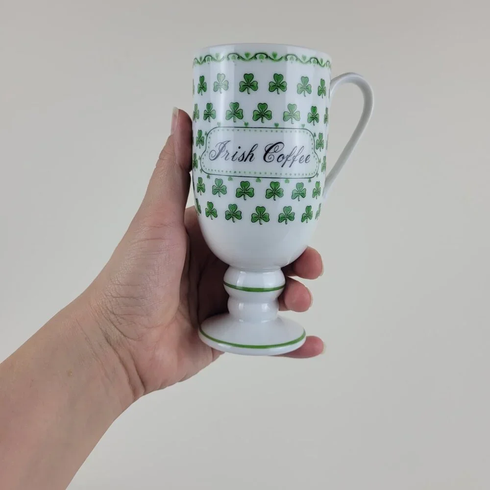 Vintage Irish Coffee Mug Footed Pedestal Green lucky Clover Shamrock 1345, Japan